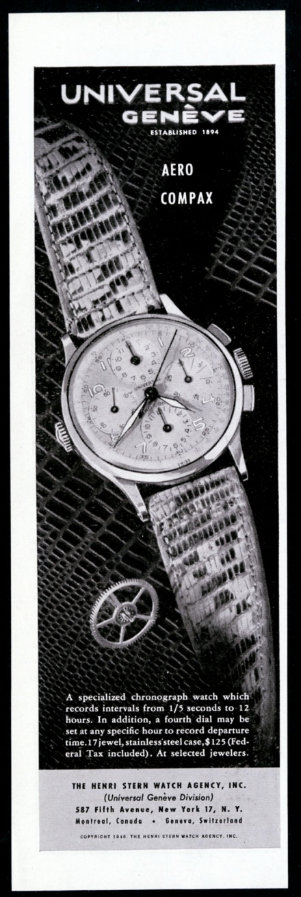 Universal Geneve Aero Compax watch chronometer vintage print advertisement