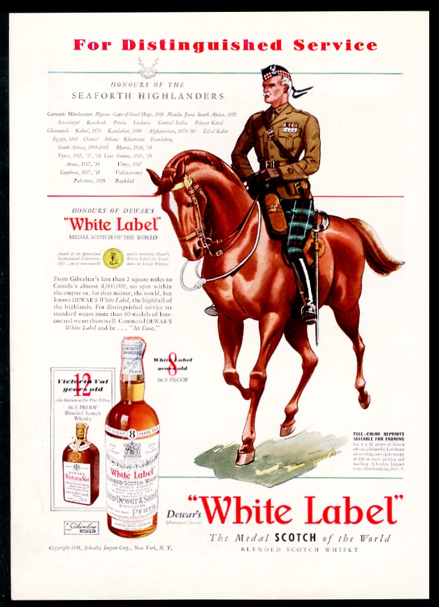 Seaforth Highlander soldier on horse Dewar's Scotch Whisky vintage print advertisement