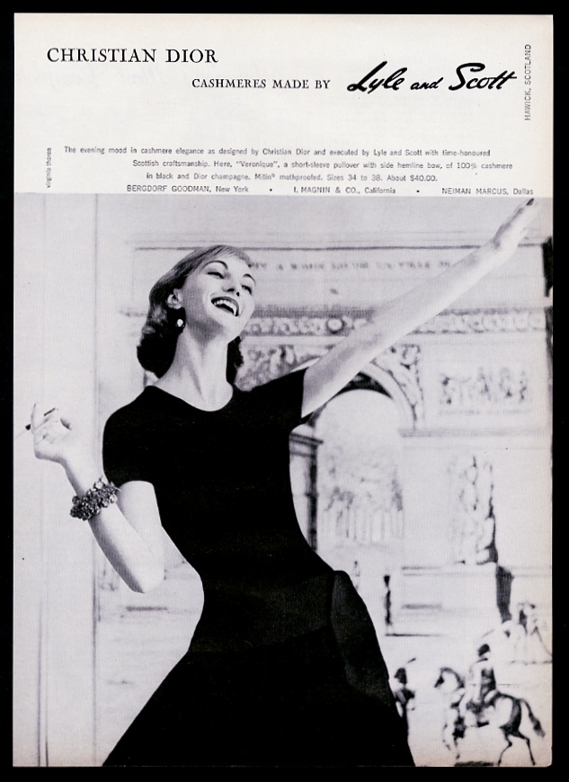Christian Dior cashmere black dress smiling woman vintage print advertisement