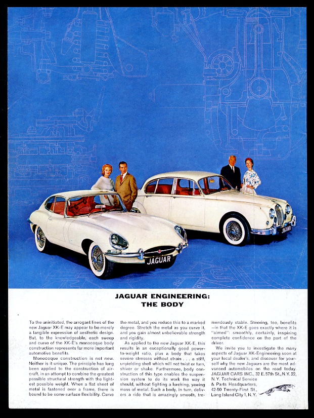 Jaguar XKE XK-E coupe and sedan white cars vintage print advertisement