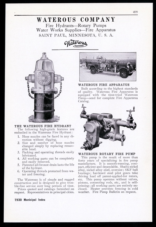 1930 Watrous fire engine truck hydrant & pump photo vintage trade print