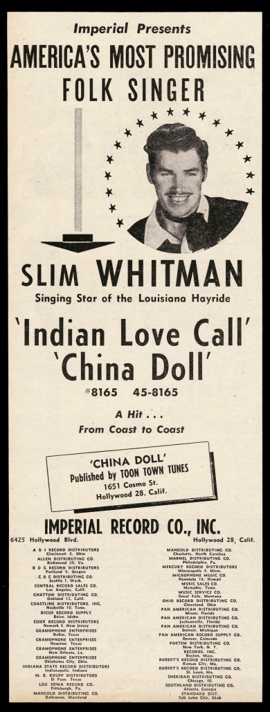 Slim Whitman Indian Love Call record release vintage print advertisement