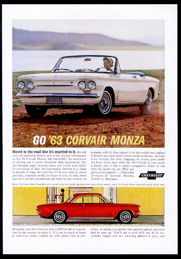 1963 Chevrolet Corvair Monza convertible white car vintage print advertisement
