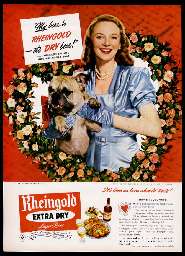 Miss Rheingold Beer with bulldog vintage print advertisement