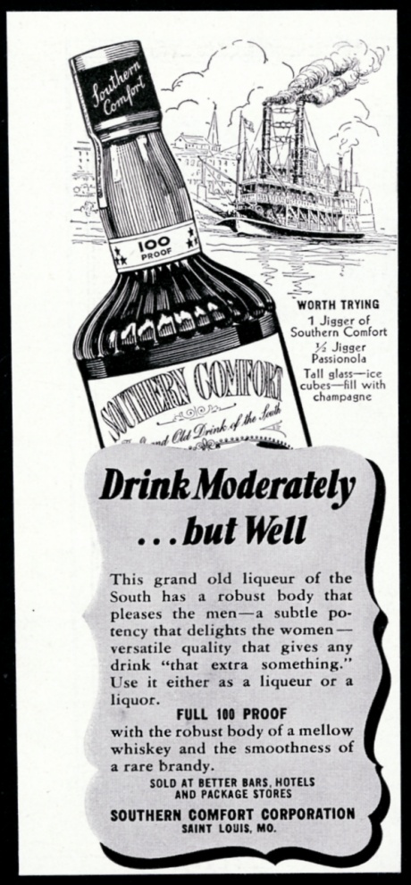 1942 Botella De Licor De Southern Comfort Y Riverboat Arte Anuncio