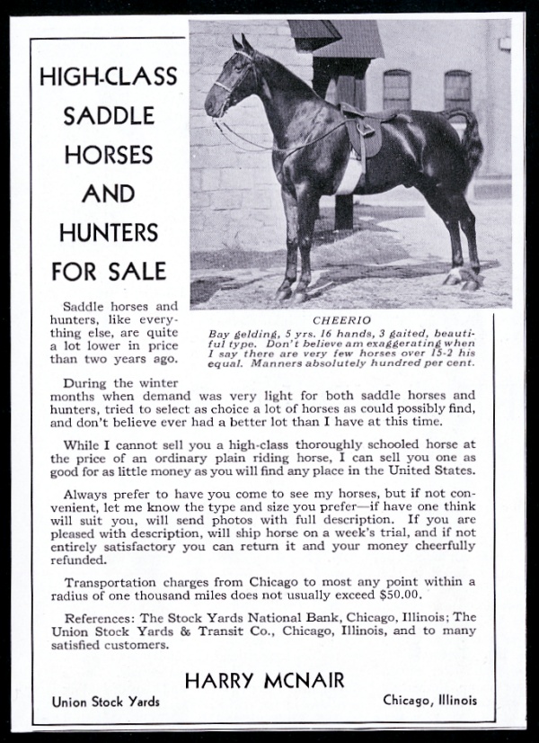 saddle horse and hunter horse breeder Harry McNair vintage print advertisement