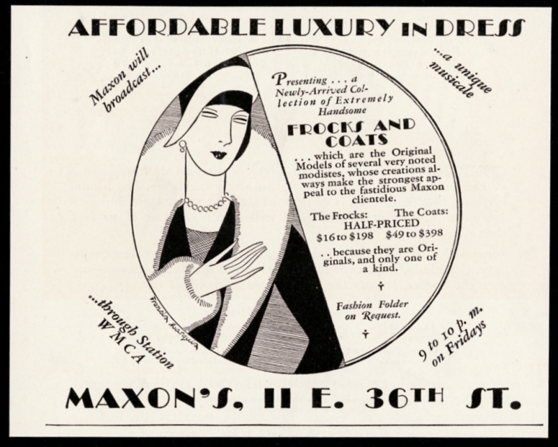 art deco flapper woman art Maxon's fashions NYC vintage print advertisement