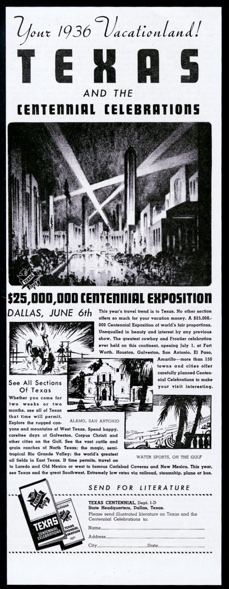 Texas Centennial celebrations illustrated vintage print advertisement