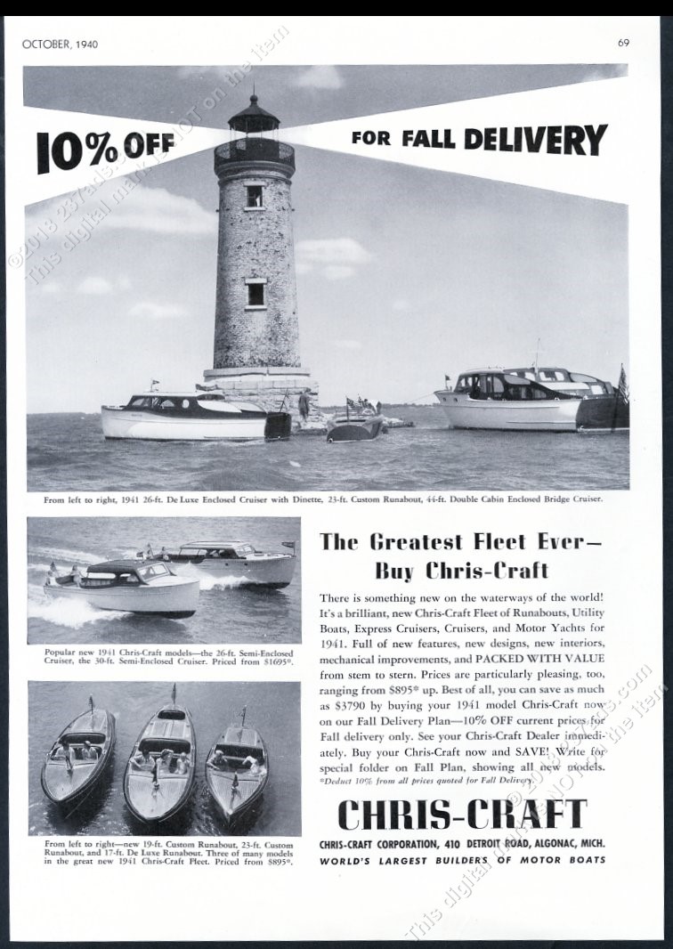 1940 Chris Craft Runabout Cruiser 8 Boat Lighthouse Photo Vintage